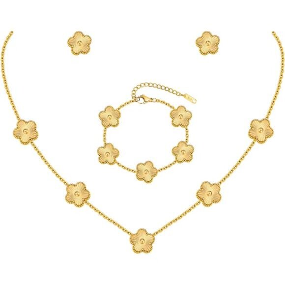 Gold Necklaces Bracelets Earring Set - 18K Gold Plated Flower Bracelet - Picture 2 of 4